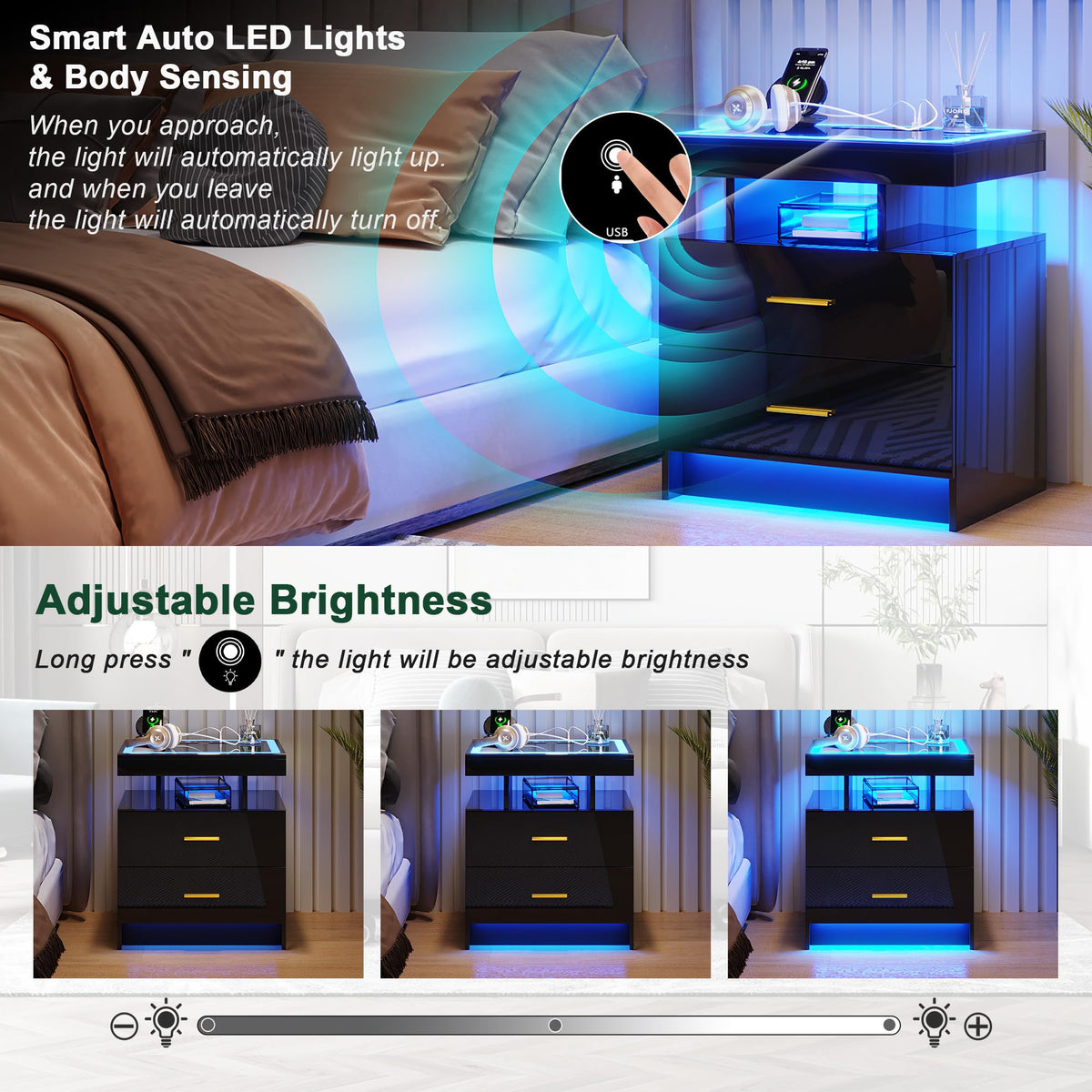 Black High Gloss Nightstand with Charging Station and 2 Drawers U6231