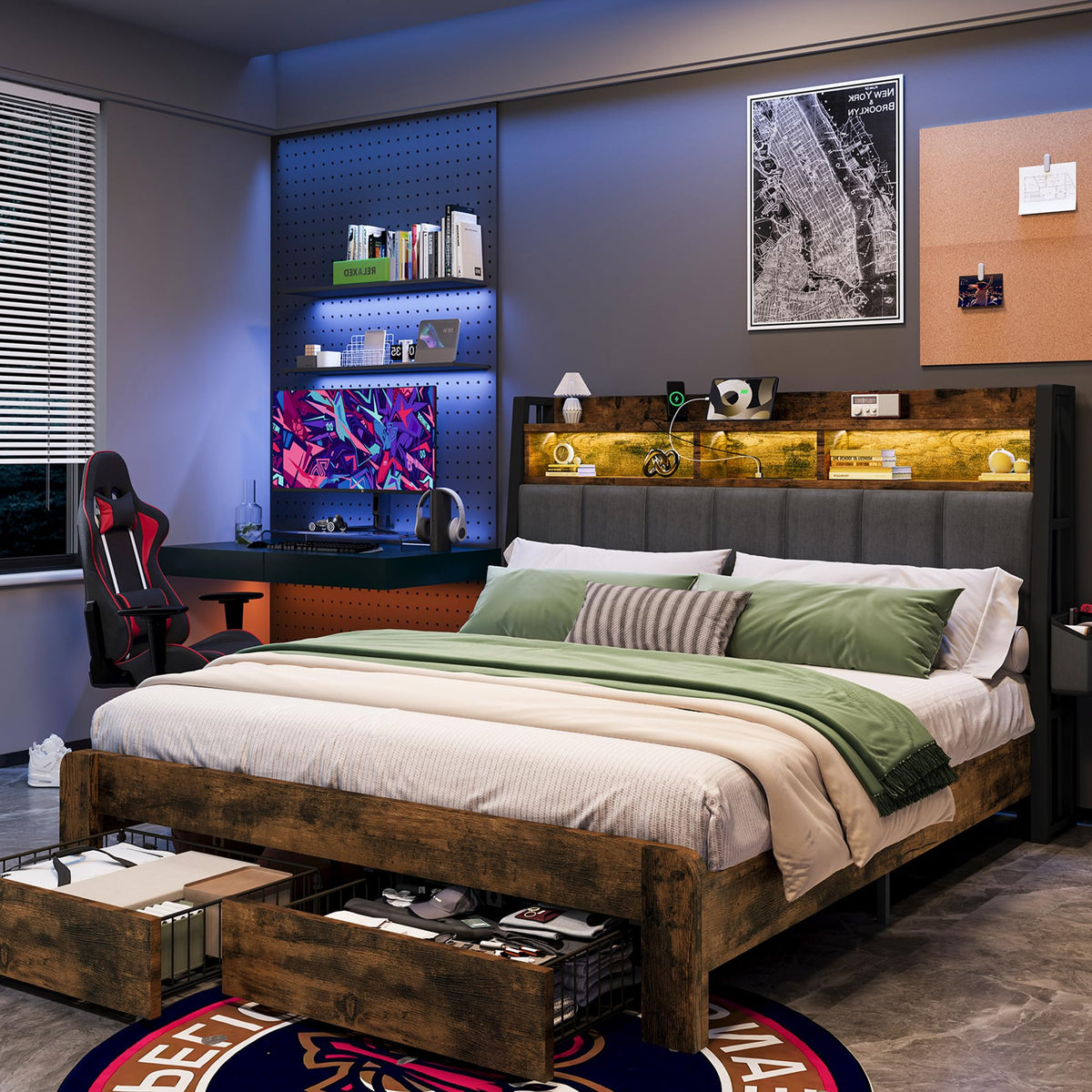 King Size Upholstered Bed Frame with 2 Storage Drawers and Charging Station M27168