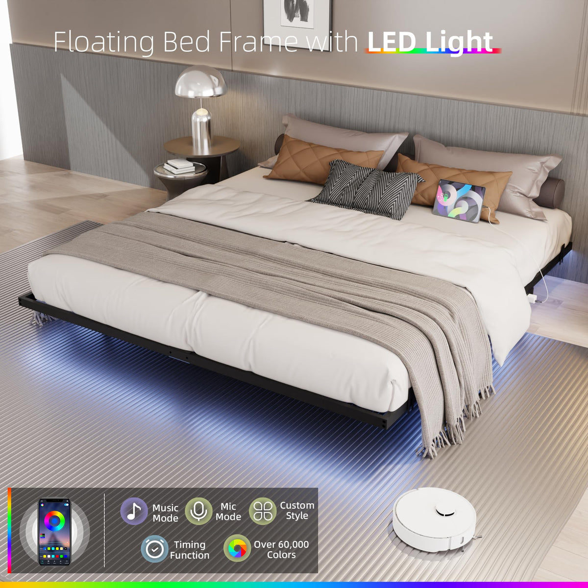King Size Metal Platform Bed Frame with Charging Station and LED Lights G1827