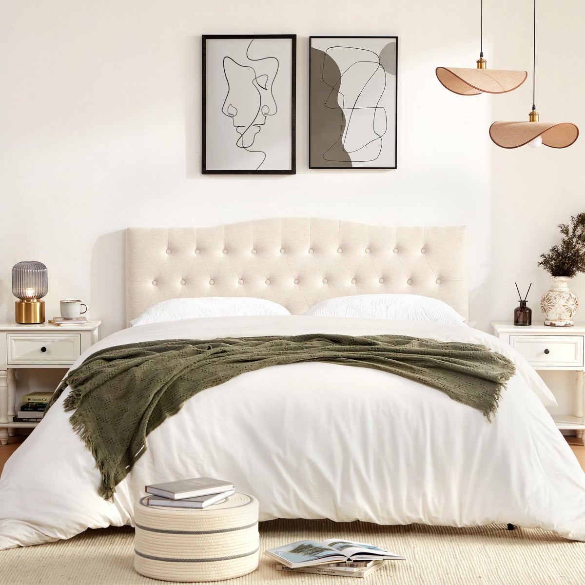 Beige Queen Size Tufted Headboard V48074