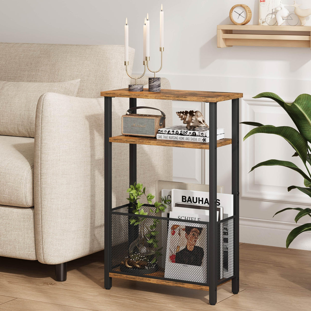 Narrow 3 Tier Side Table with Storage Basket T40248
