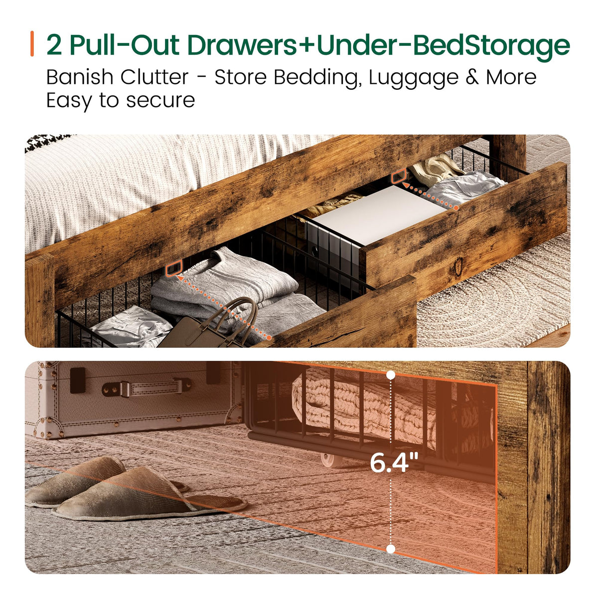 King Size Upholstered Bed Frame with 2 Storage Drawers and Charging Station M27168