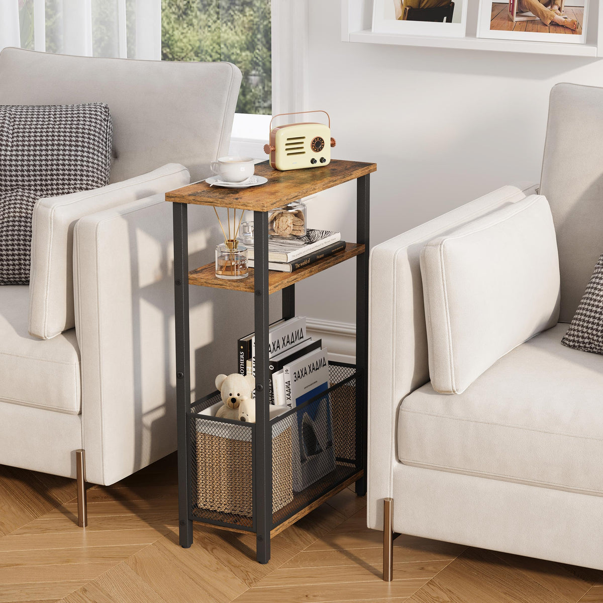 Narrow 3 Tier Side Table with Storage Basket T40248
