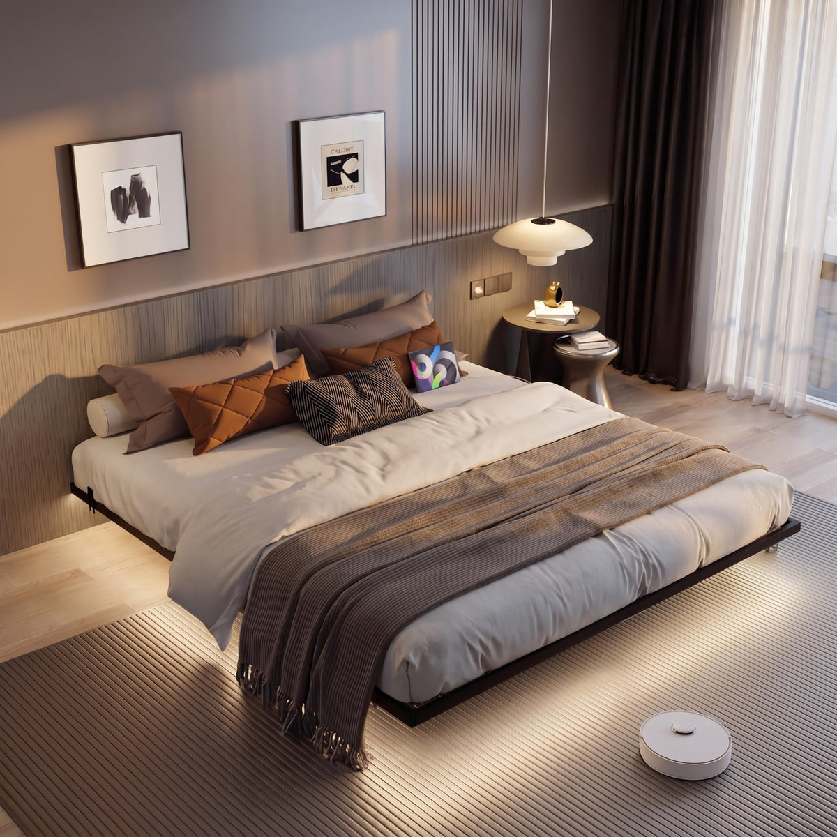 King Size Metal Platform Bed Frame with Charging Station and LED Lights G1827
