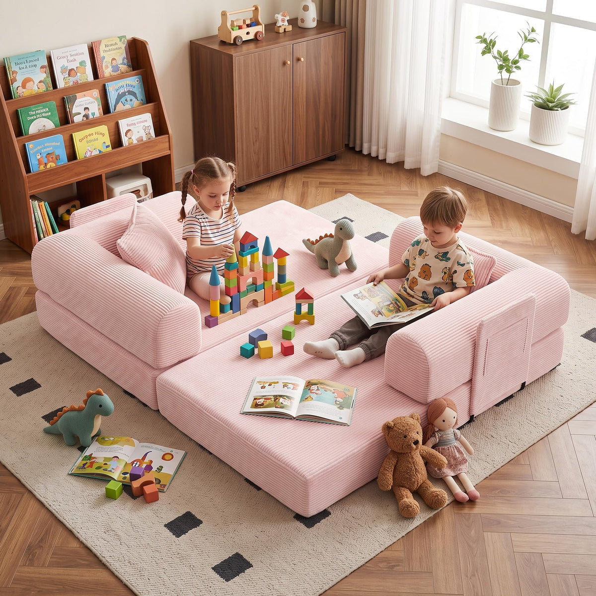 Pink Convertible Futon Sofa Bed with 3 Pillows Y75907