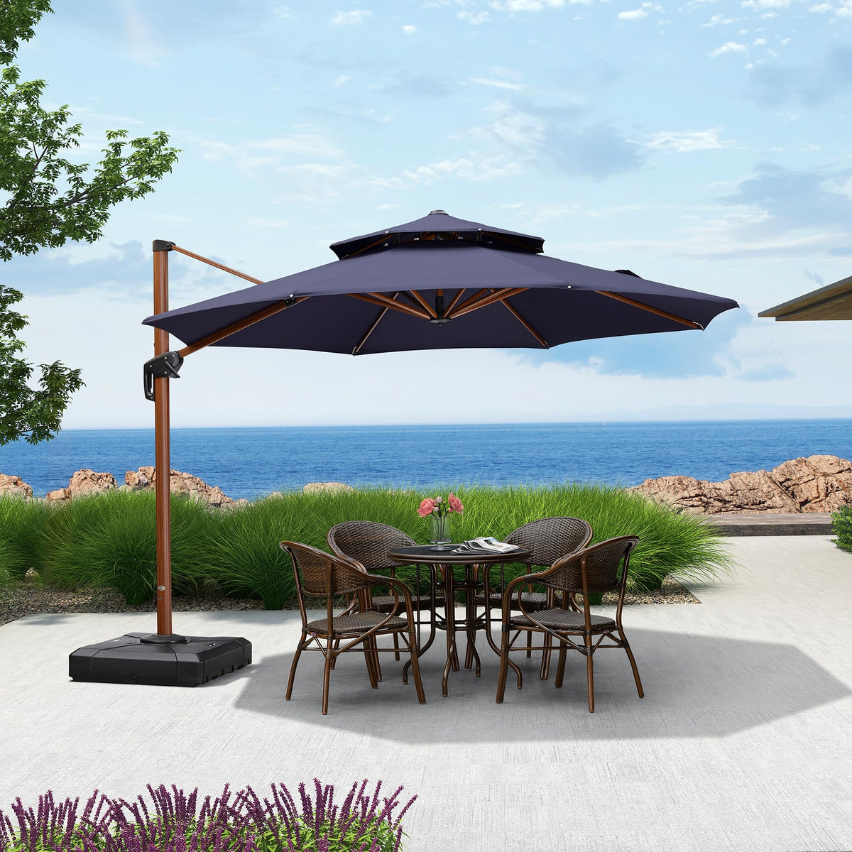 11ft Double Top Wood-Grain Finish Navy Blue Patio Umbrella R4405